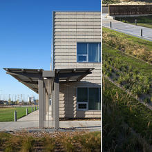 A detail of the limestone shingle rainscreen facade and the rainwater collection feature are shown in the lefthand photo. The photo on right shows a low-maintenance native landscape. - Photo Credit: (c) Farshid Assassi